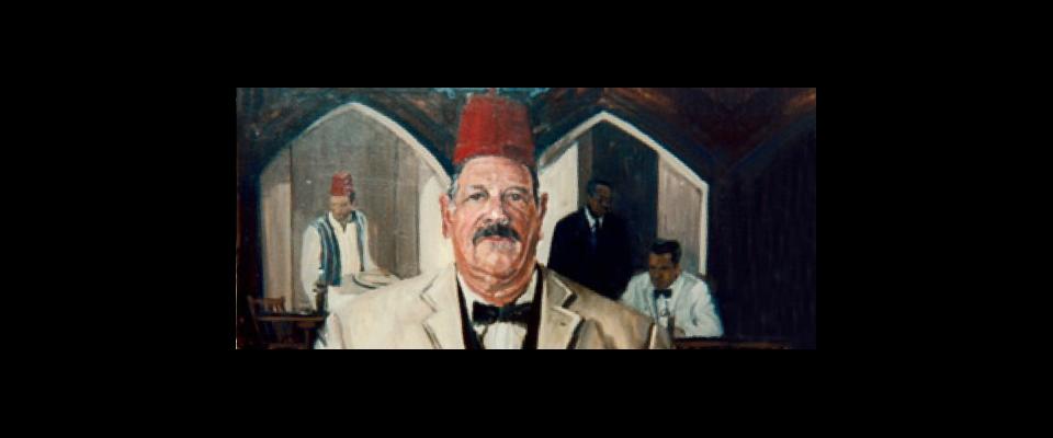 a painting of a man in a white suit wearing a fez