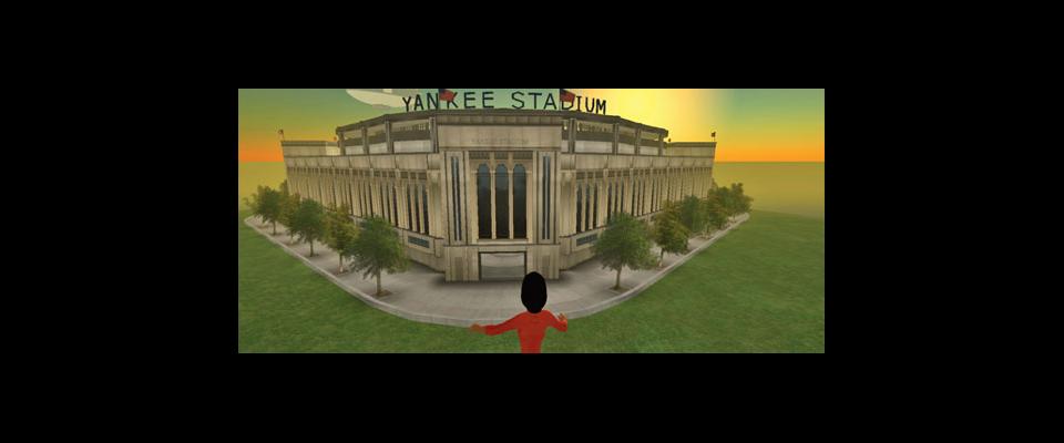 still from Second Life of a person in front of a stadium