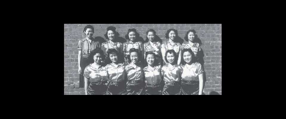 black and white photograph of an all-women, all-Chinese basketball team