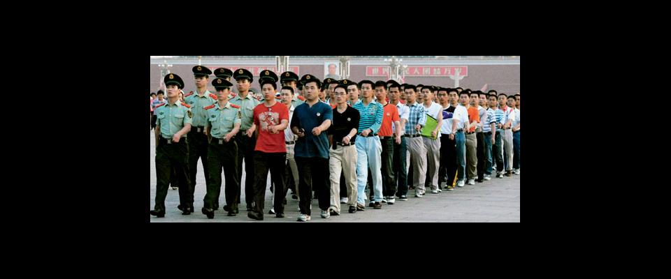 many Chinese men marching