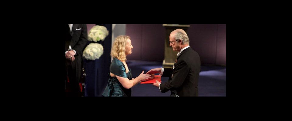 Carol Greider receiving the Nobel Prize