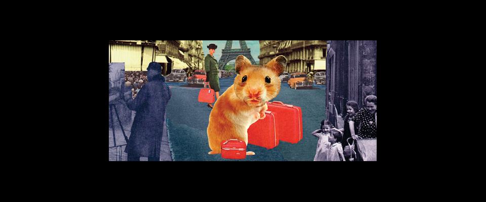 an artist's depiction of a hamster in Paris with luggage