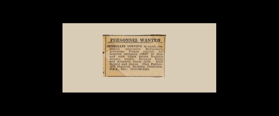 a help wanted ad for Chez Panisse