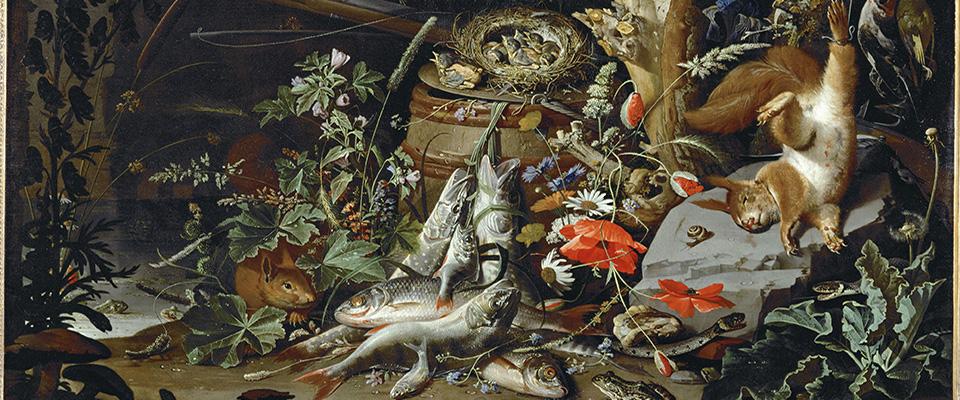 A painting of dead squirrels and fish