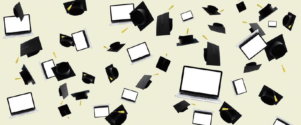 Illustration of computers and graduation caps