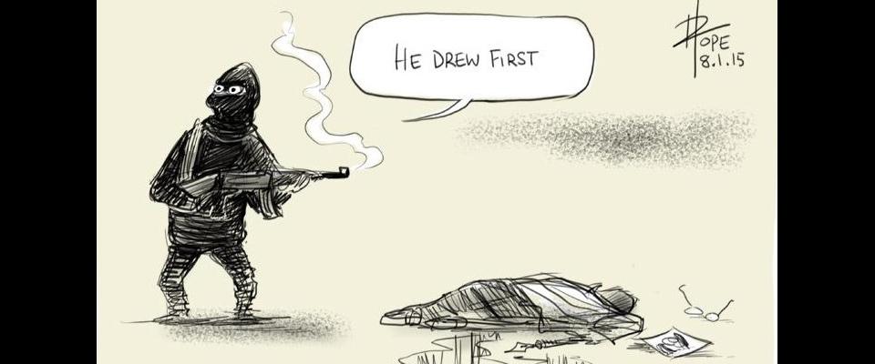 Cartoon of a someone dressed in all black holding a smoking gun over a body on the ground