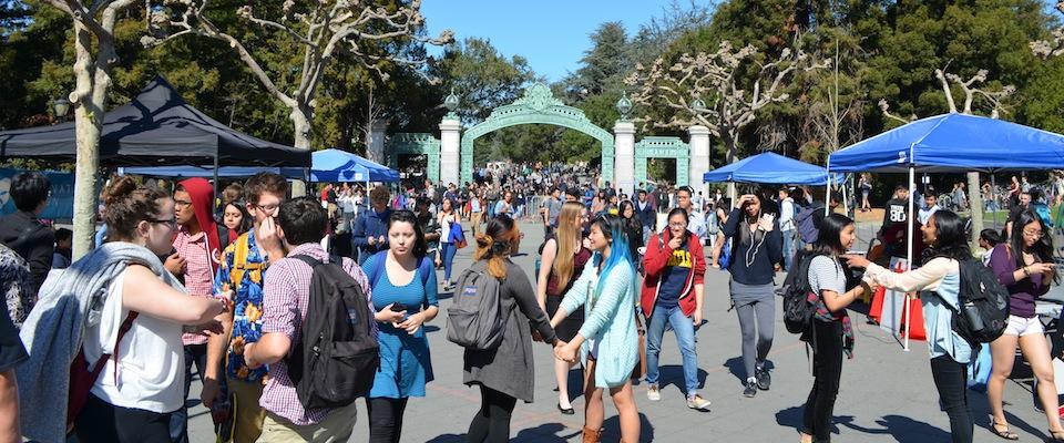 Students gathering by Sather Gate