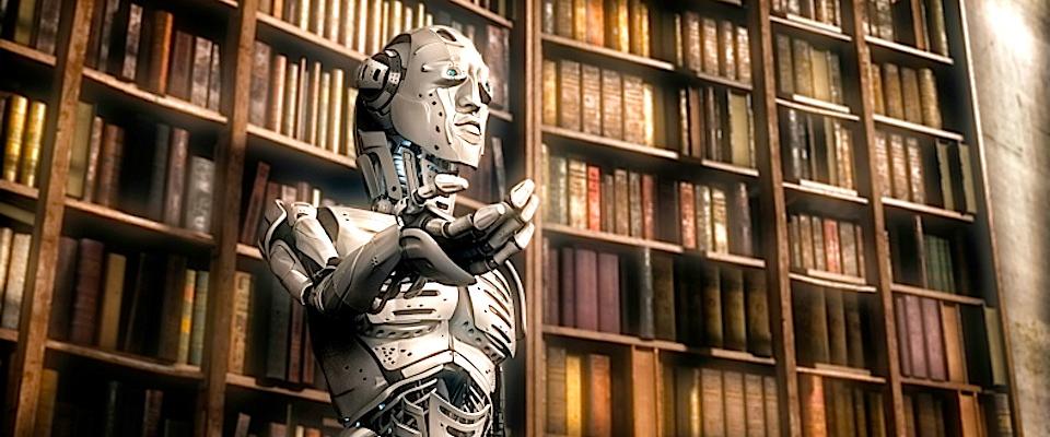 Robot in front of bookshelf