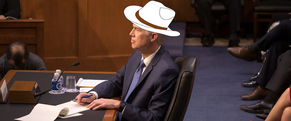 gorsuch with a white cartoon cowboy hat