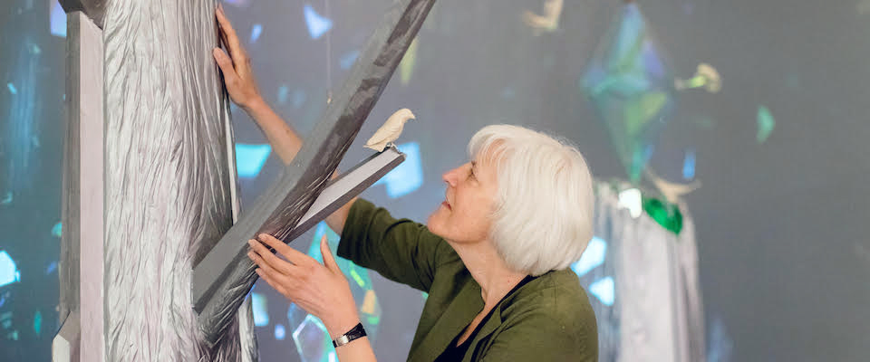 Georgina Kleege touching a haptic art installation