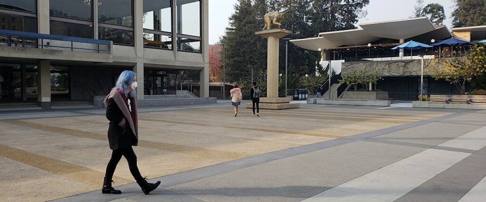 Person walks through Lower Sproul Plaza at UC Berkeley