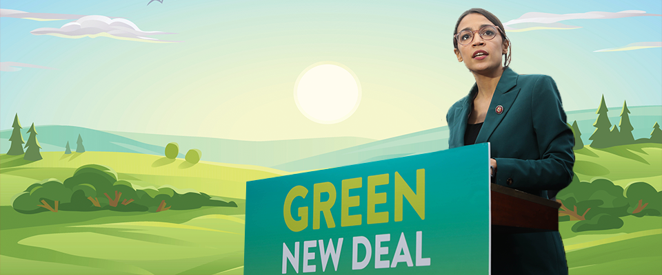 Drawing of AOC holding a Green New Deal sign