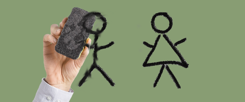 A hand holding an eraser up to man and woman stick figures