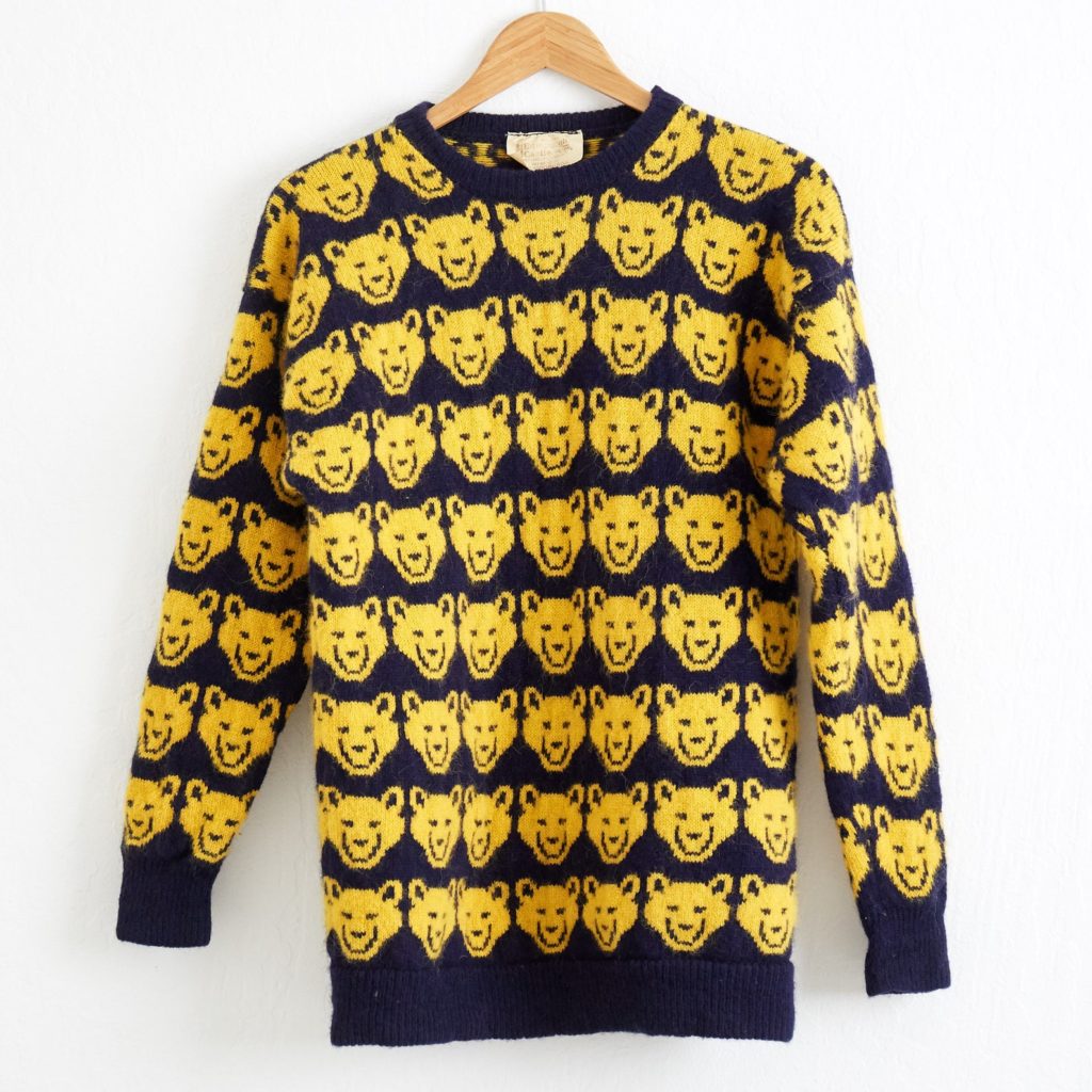 vintage blue sweater with  gold bear design