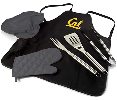 apron with cal logo, mitt, chef hat, and tools for barbecue