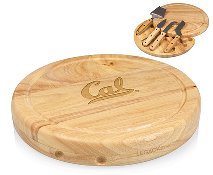 circular wooden board with cal logo and utensils for cheese