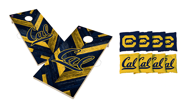 cal themed cornhole boards and beanbags with cal script logo
