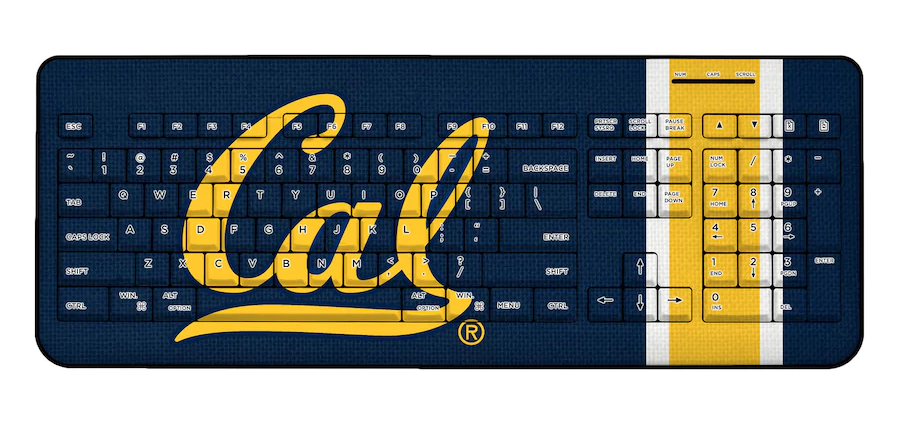 blue and gold keyboard with cal script logo