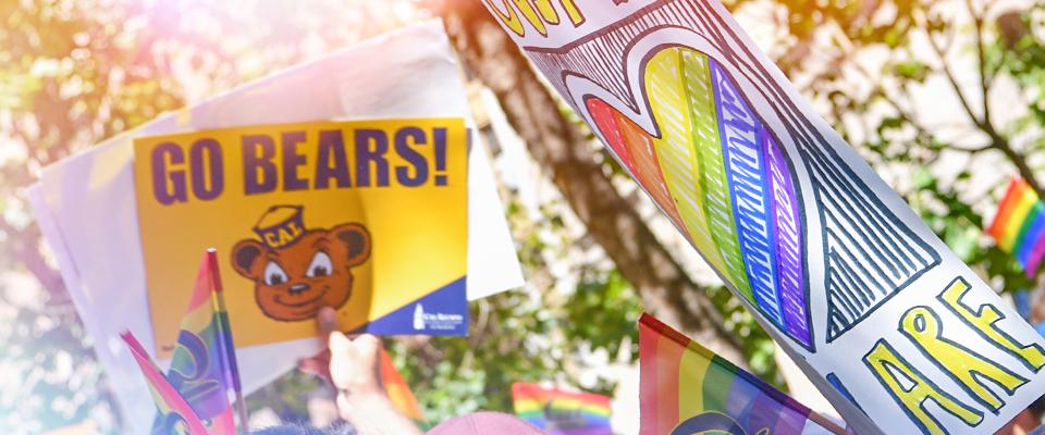 Various pride rainbow signs and Go Bears sign being held up outdoors
