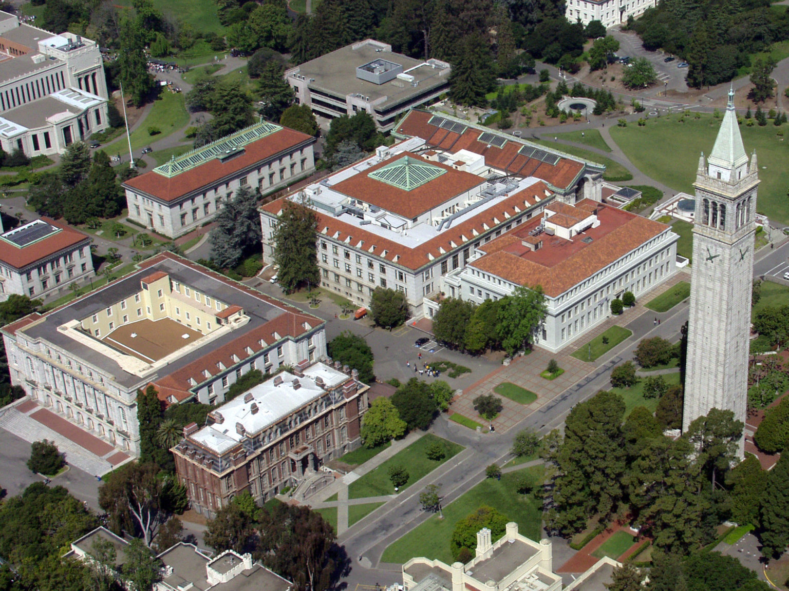 Aerial view of UC Berkeley campus and Campanile
