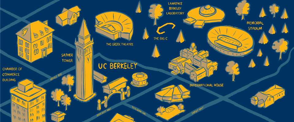 Illustrated map of labeled landmarks across UC Berkeley campus