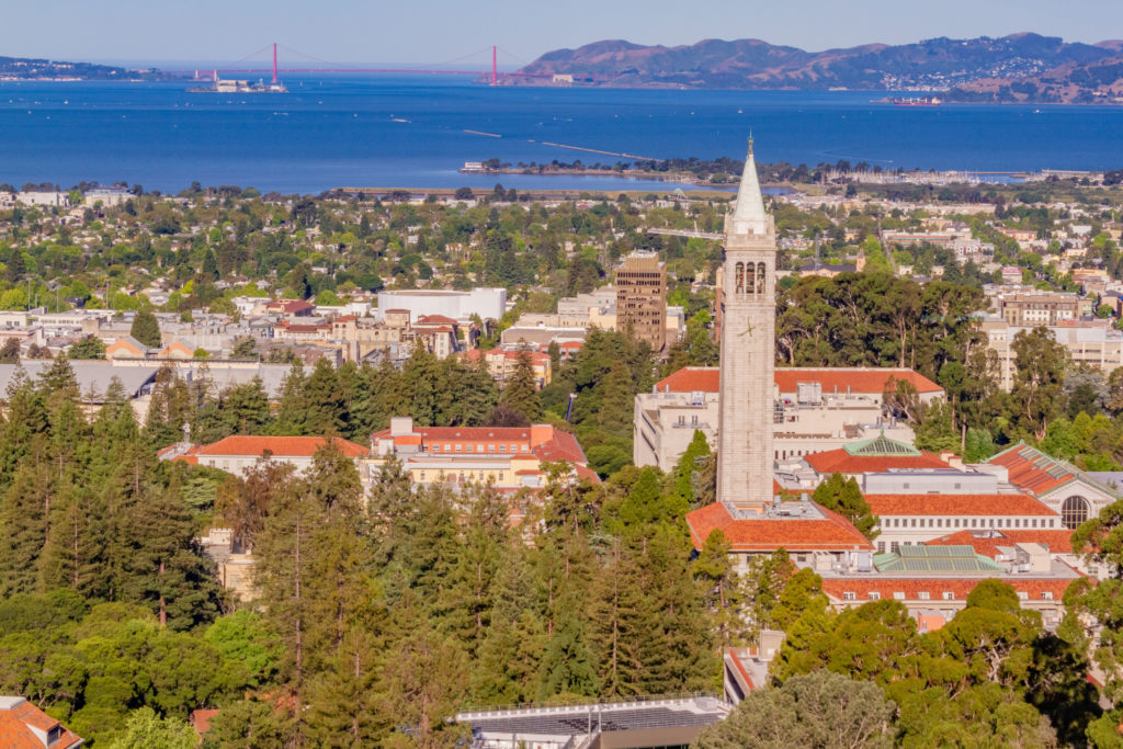 View of Berkeley Campus, the Campanile, the Bay, and Golden Gate Bridge