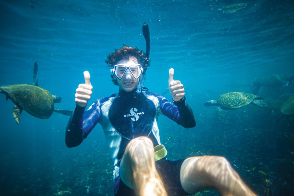 Man snorkeling in Galapagos with sea turtles.