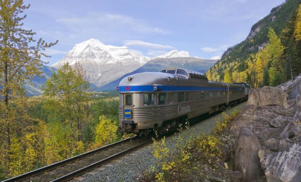 Via Rail Train in front of Mt. Robson