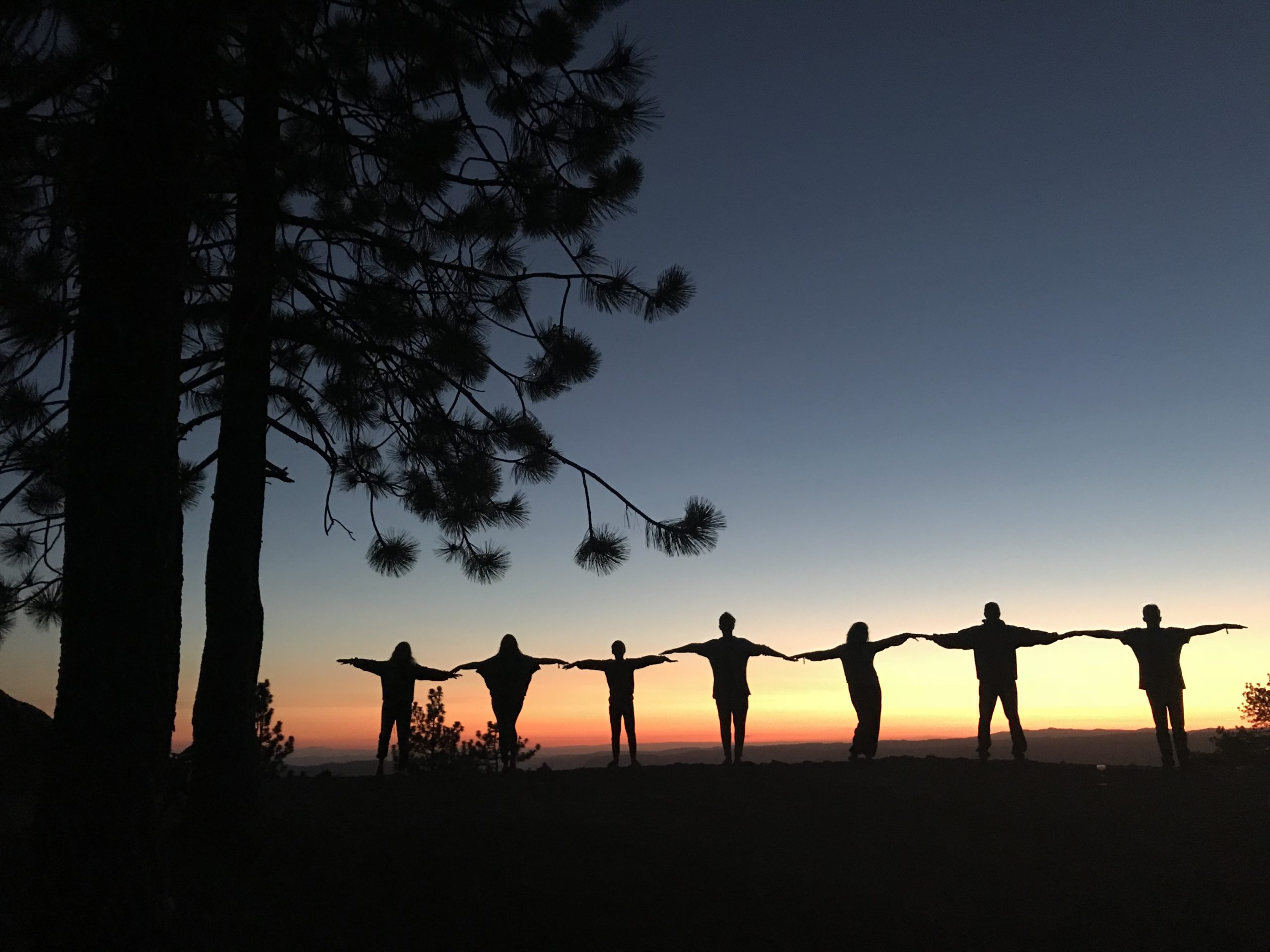 Silhouettes of friends holding hands with sunset behind
