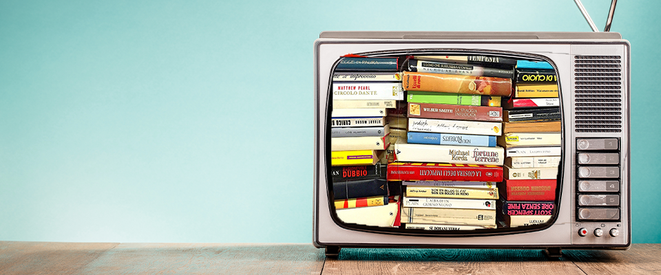 Illustration of books in a TV frame