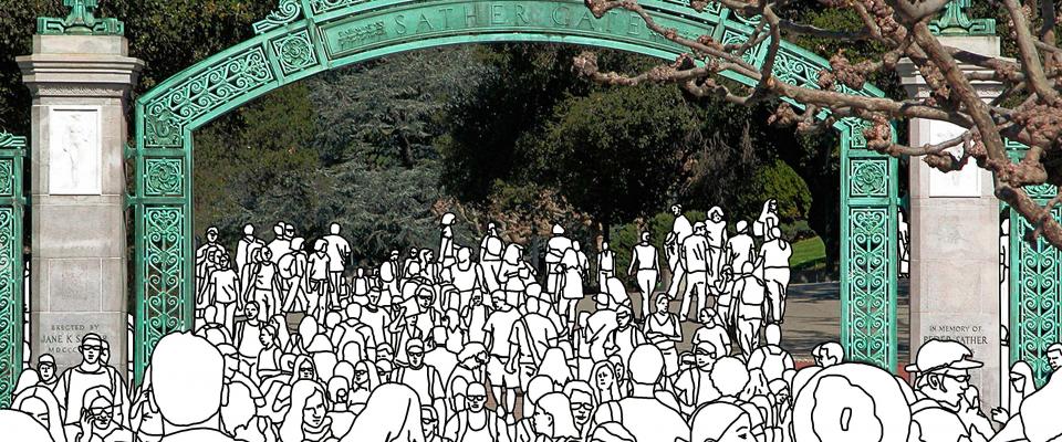 A drawing of people at Sather Gate