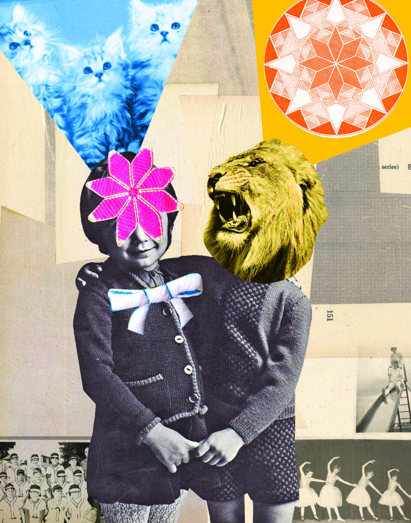 A collage of a woman and a lion