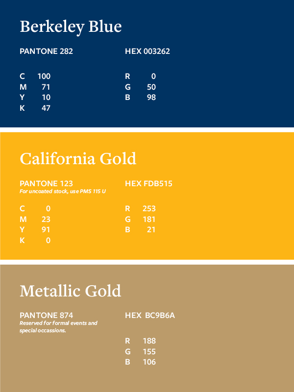 Cal Alumni Association primary color palette: Berkeley Blue PANTONE 282 C100 M71 Y10 K47 HEX 003262 R0 G50 B98; California Gold PANTONE123 For uncoated stock, use PMS 115U C0 M23 Y91 K0 HEX FDB515 R253 G181 B21; Metallic Gold PANTONE 874 Reserved for formal events and special occasions. HEX BC9B6A R188 G155 B106
