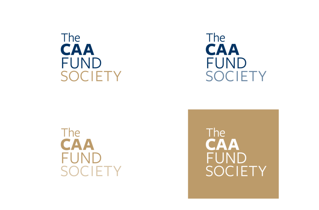 The CAA Fund Society logo variations in Berkley Blue and Metallic Gold, Berkeley Blue one color, Metallic Gold one color and white on Metallic Gold