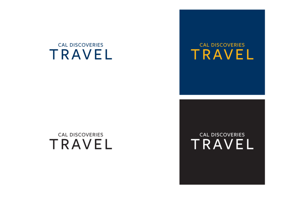 Cal Discoveries Travel logo in Berkeley Blue, California Gold on Berkeley Blue, black and white on black