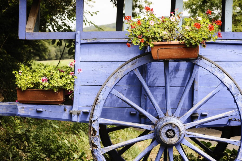 Old wagon and wagon wheel, Dordogne, Aquitaine, France