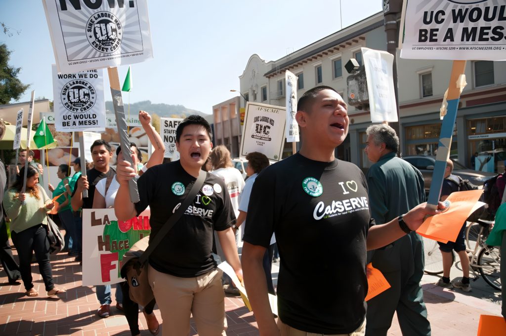 Lieu and other members of the ASUC party CalSERVE (Cal Students for Equal Rights & a Valid Education) participate in a labor strike near Sproul Plaza.
