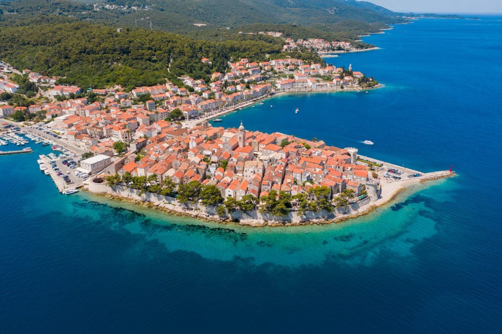Old town Korcula with orange tiled roofs