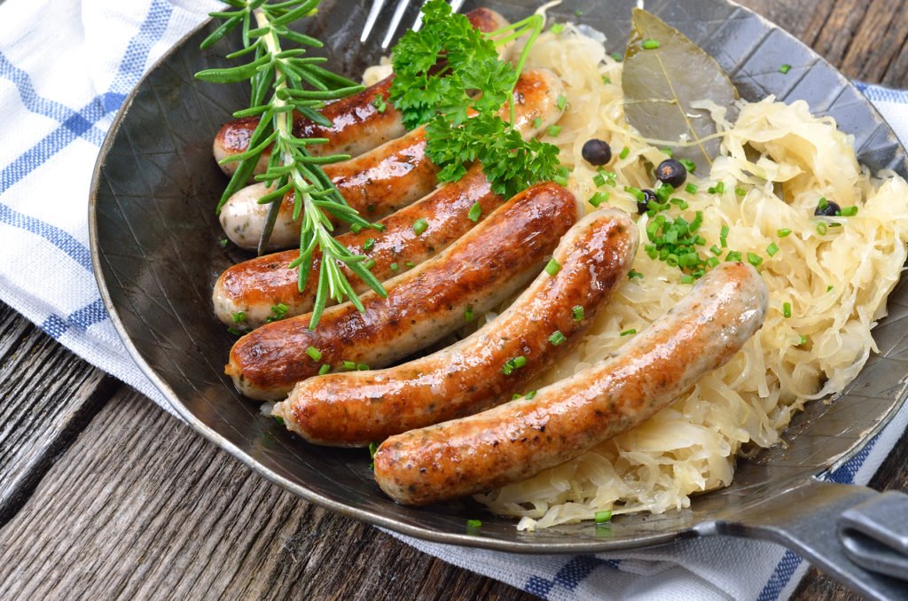 Bavarian fried sausages on sauerkraut