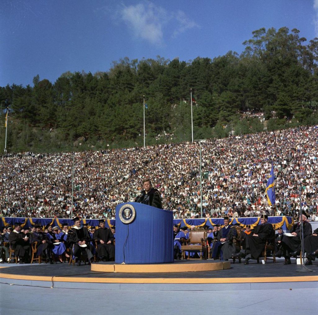 JFK giving a speech to a crowd