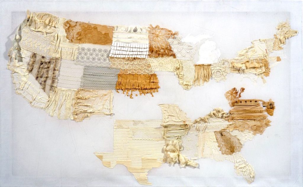 A map of the United States made from different pieces of fabrics