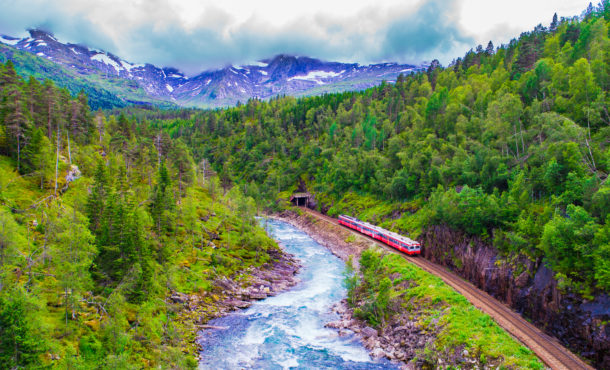 Train Oslo - Bergen in mountains. Norway.