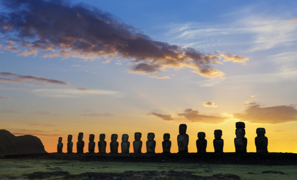 Dawn over moais at Ahu Tongariki Easter Island Chile