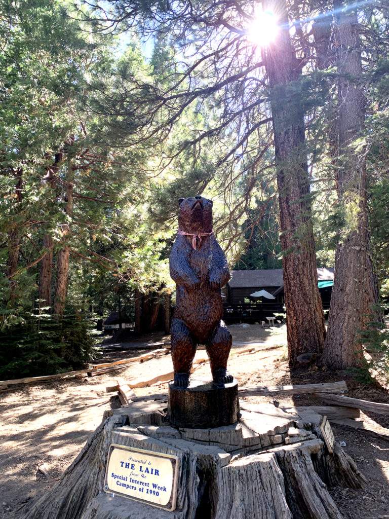 wooden bear statue among redwood trees at Lair of the Golden Bear campground