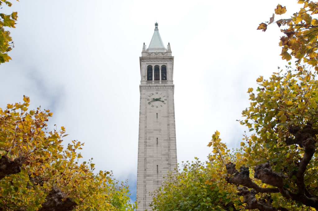 A view of one side of the Campanile from UC Berkeley's campus.