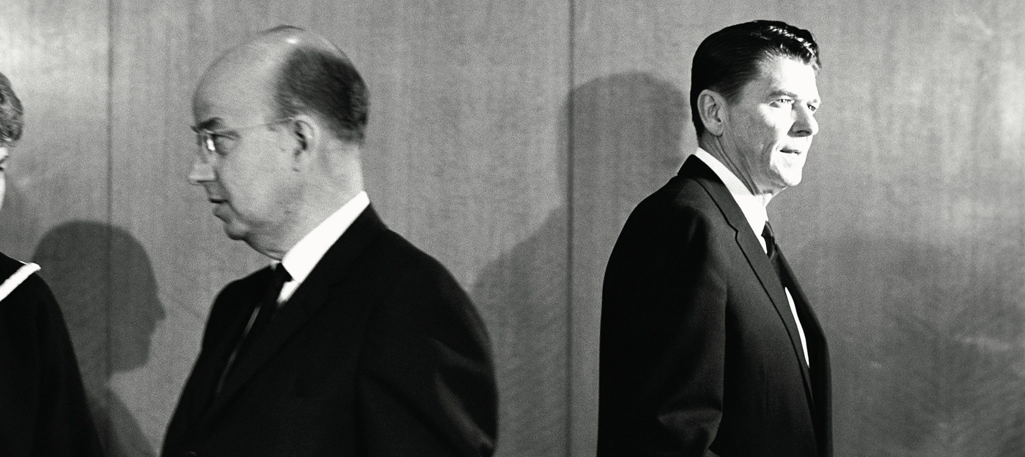 Clark Kerr [l], former President of the University of California, leaves a meeting of the Board of Regents after they fired him at Governor Ronald Reagan's insistence.