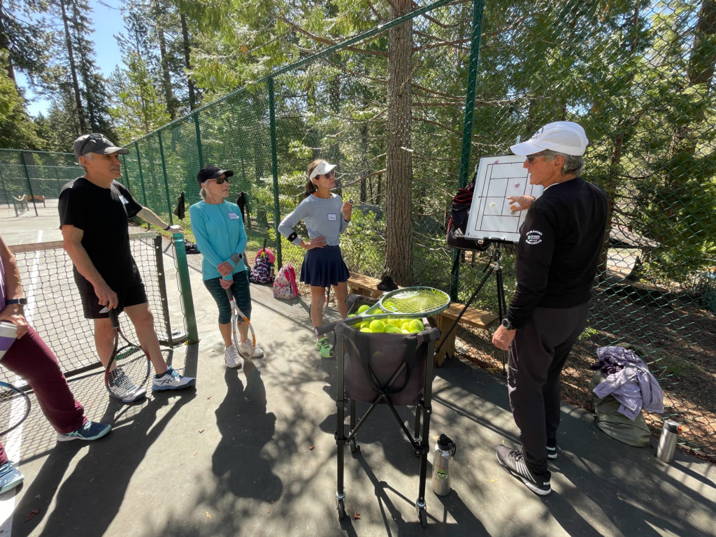 A coach explaining tennis strategy to players