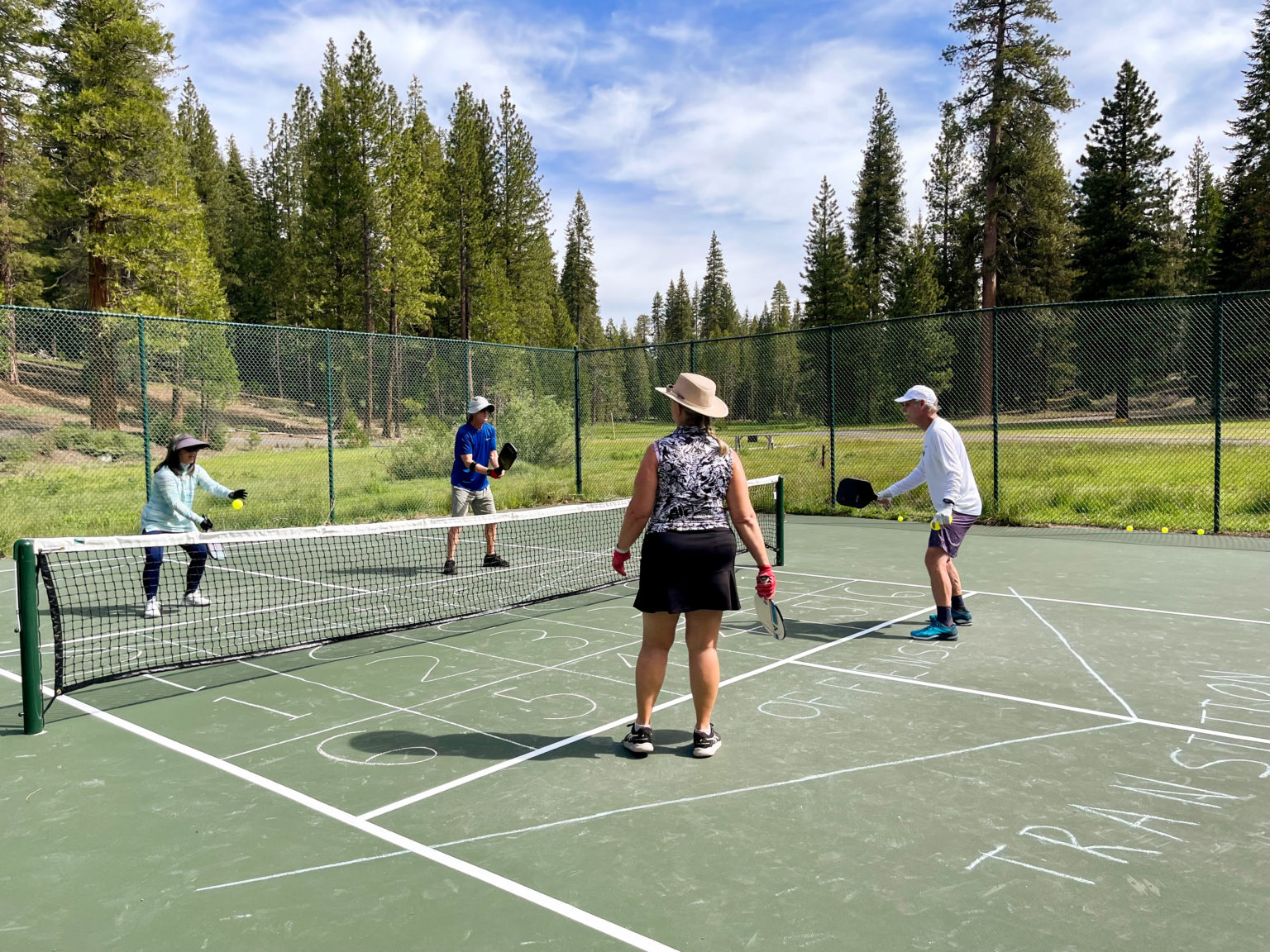 Pickleball players playing in the forest under a blue sky