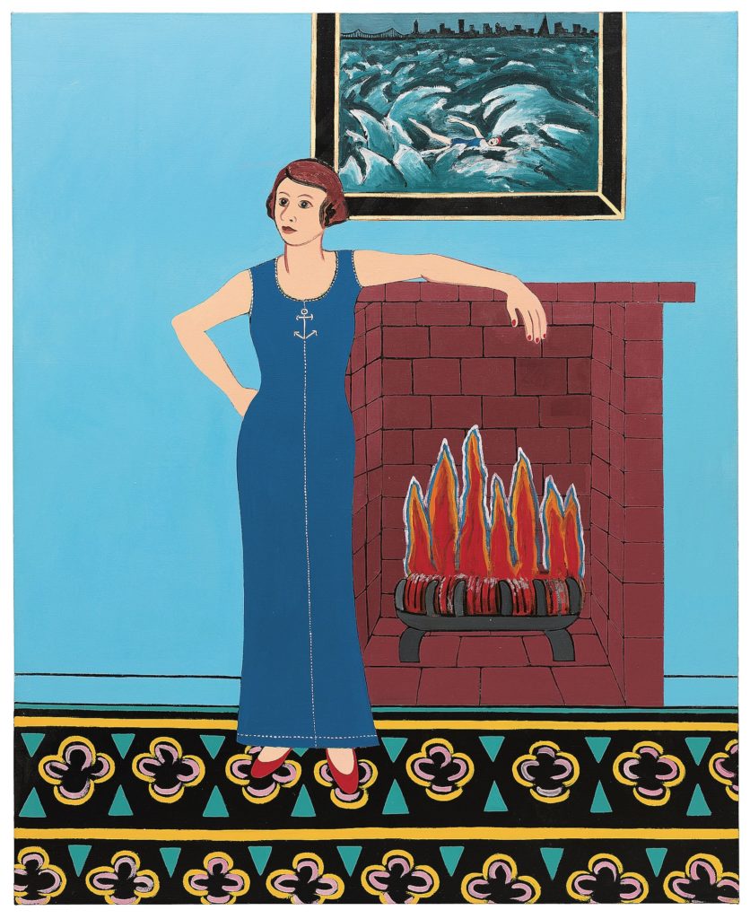 Brown's painting, "After the Alcatraz Swim #1," featuring Brown in front of a fireplace