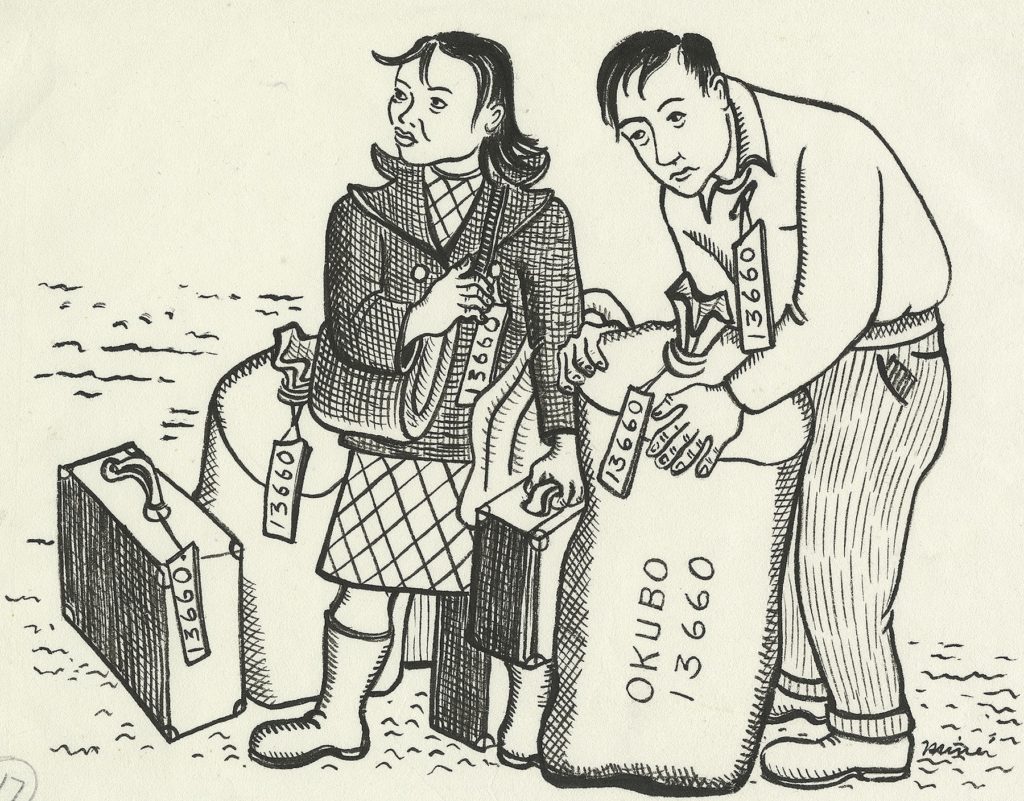 Drawing of Miné and Toku standing with their luggage